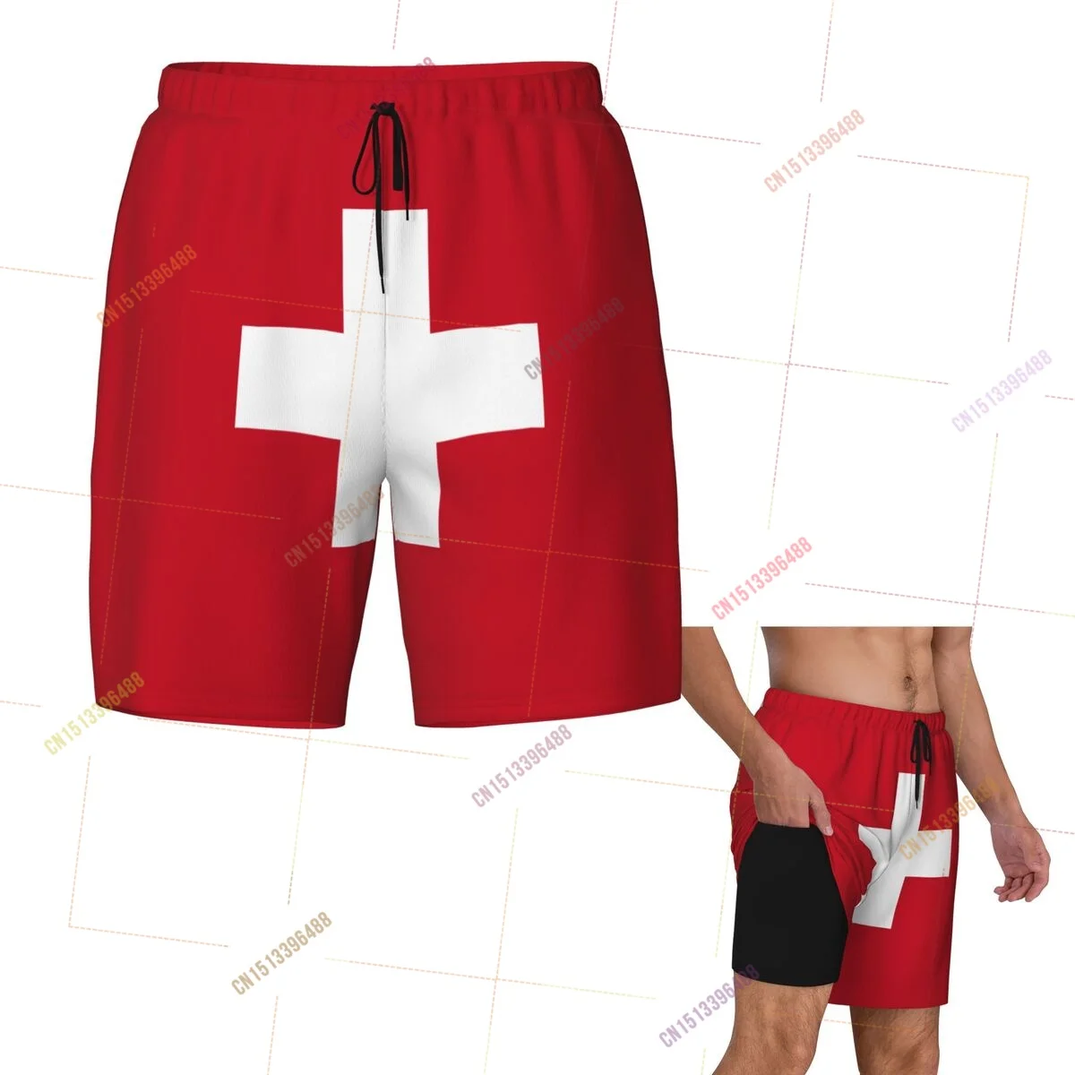 

2026 Switzerland Flag Top Print 3D Mens Swimming Trunks Hawaiian Bathing Beach 2 in 1 Quick-Dry Summer Swim Shorts With Pockets
