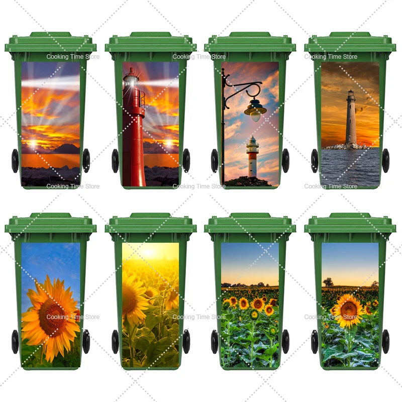 

Seaside Lighthouse Scenery Trash Can Sticker Outdoor Garbage Bin PVC Vinyl Waterproof Stickers Sunflower Floral Mural Decals