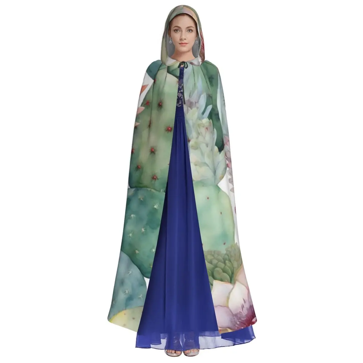 Watercolor Cactus Pattern Long Hooded Cloak Witch Medieval Costume Cosplay Cape HalloweenVampire Adult Unisex