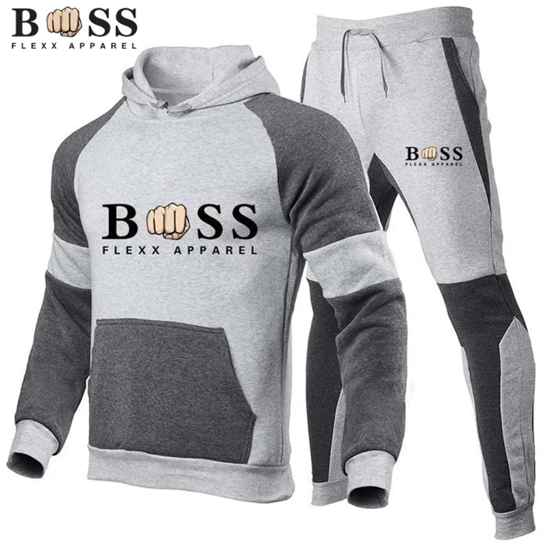 2023 Spliced Colored Men\'s Hoodie Two Piece Running Sports Hoodie Pullover Sweater Set S-3XL