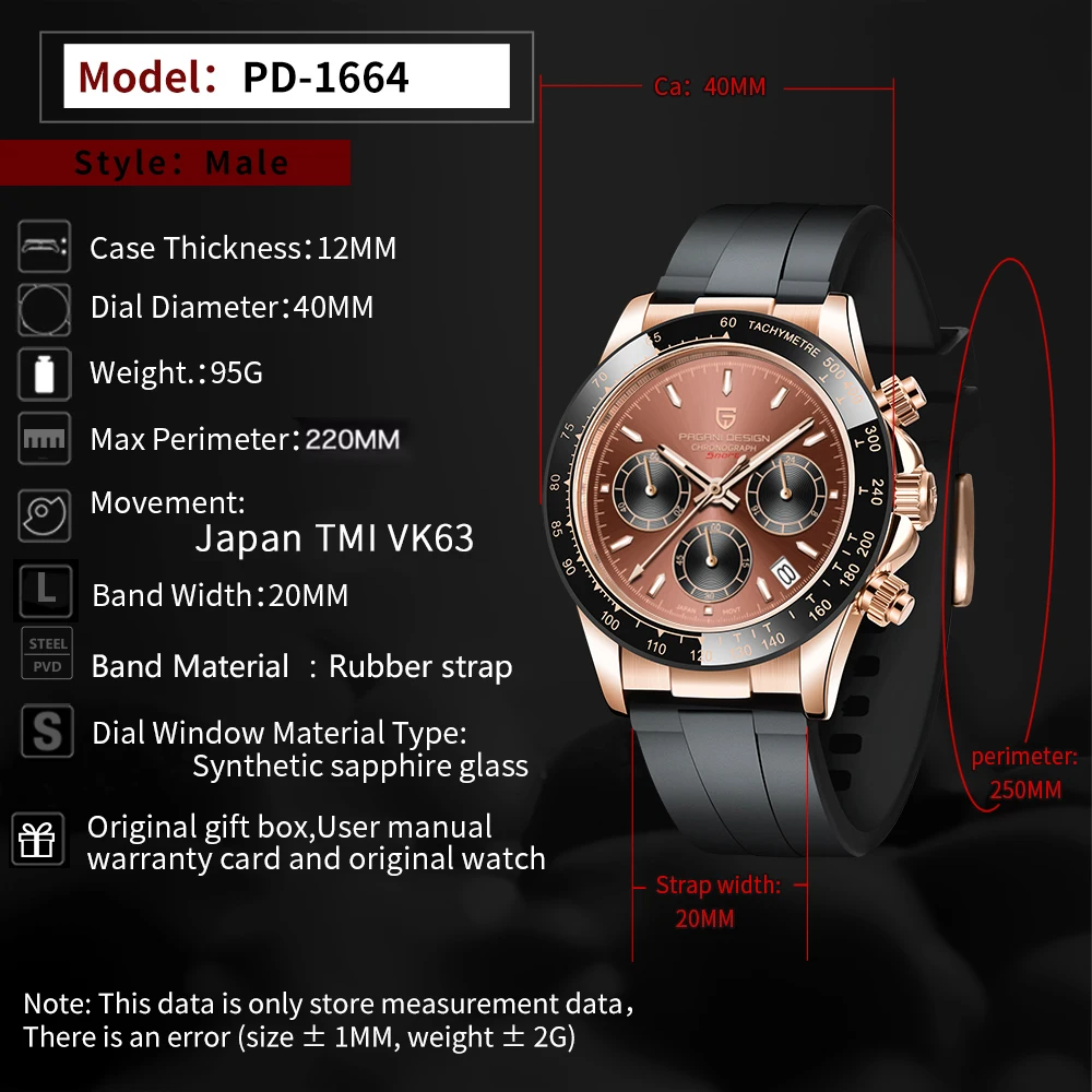 PAGANI DESIGN Men Quartz Chronograph Watch RoseGold Case Black Ceramic Bezel Brown Dial Rubber Strap Waterproof Sports watch+box view 6