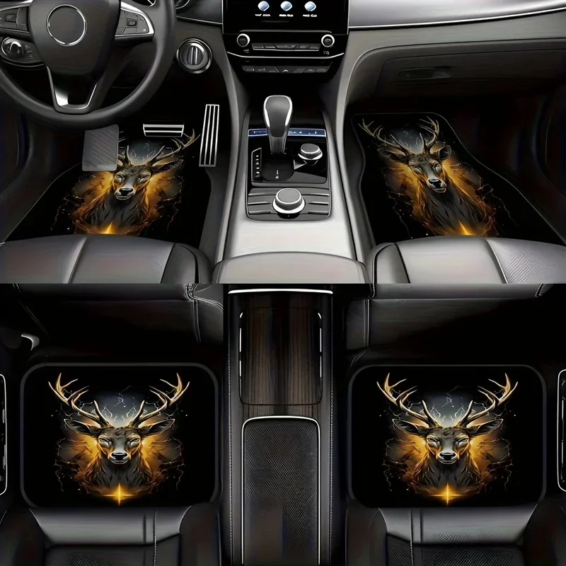 Set Of 4, Featuring Elegant Deer Designs, Themed Car Floor Mats, Universal, Pet-Friendly Interior Additions, Designed For Both F