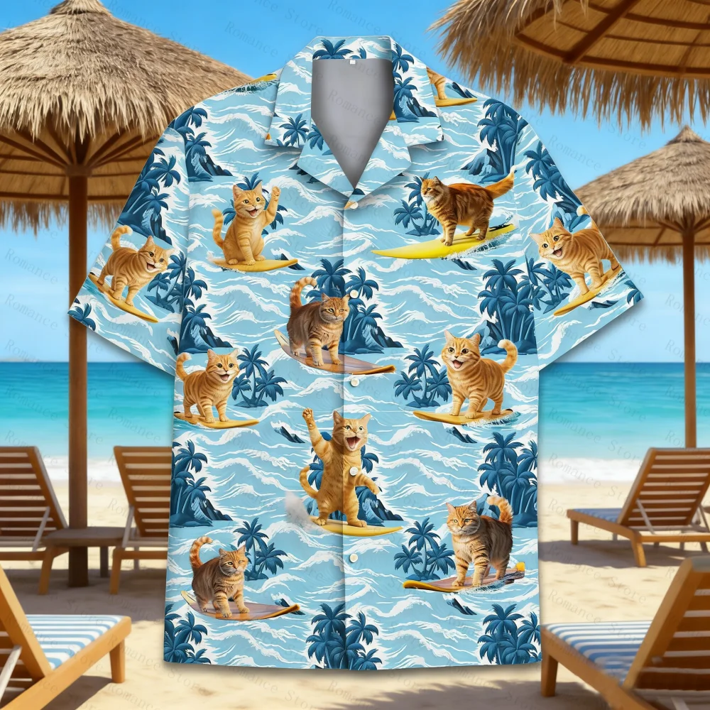 Men's Shirt Women Shirts Surfing Cat Hawaiian Shirt Casual Short Sleeve Button Down Beach Tropical Tops Summer Vacation 2026