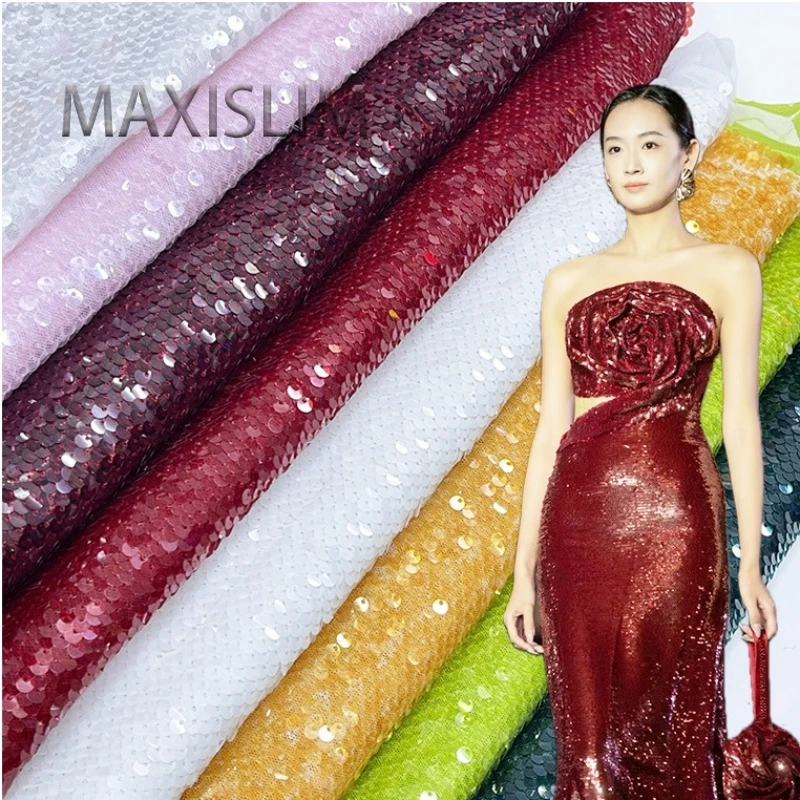 

Spot Wholesale 19 Colors Mesh Embroidery High-density 5MM Fish Scale Sequin Fabric DIY Sewing Party Dress Fabric Width 125CM