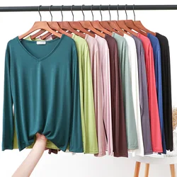 Autumn V Neck Tshirt Long sleeves Soft comfortable T-shirt Solid color Basic Bottoming Tee Tops O Neck undershirt