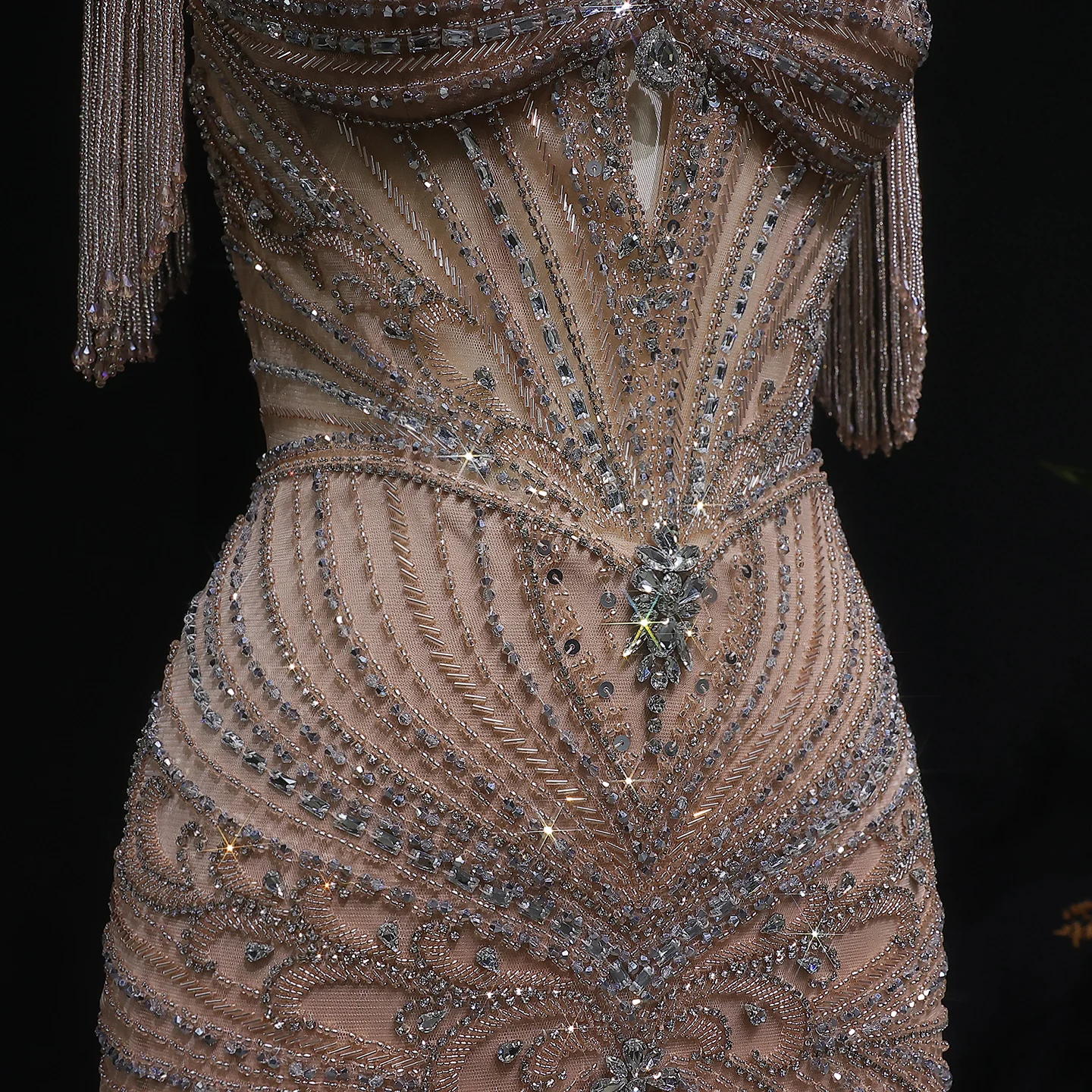 Sharon Said Elegantes Champagner-Meerjungfrauenkleid mit Cape-Ärmeln, Kristallperlen, Blaues Hochzeitskleid, SS021, Maßanfertigung – Detail 20