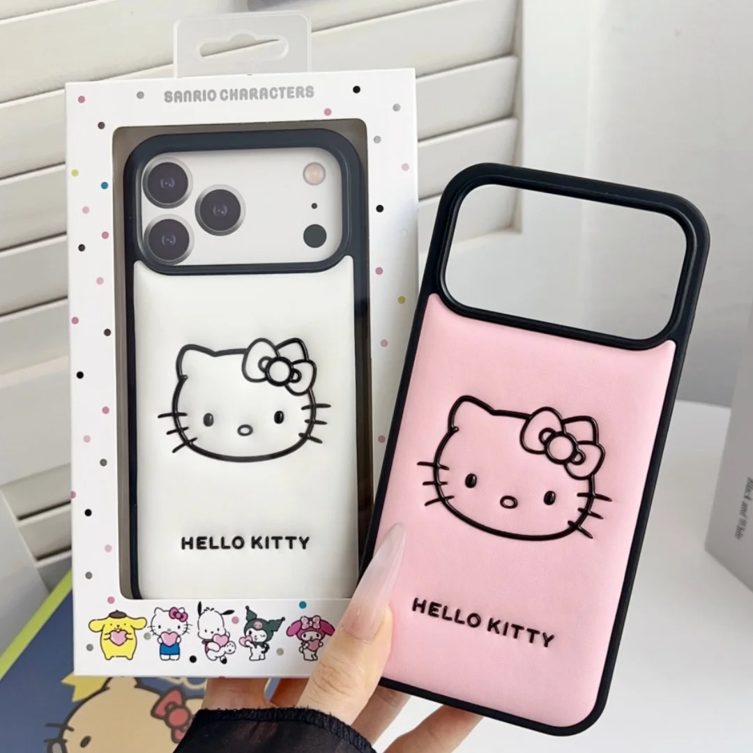Offizielle Sanrio Hello Kitty 3D-Cartoon-Prägung-Leder-Handyhülle für iPhone Air 17 16 15 14 Pro Max 13, stoßfeste Hartschale