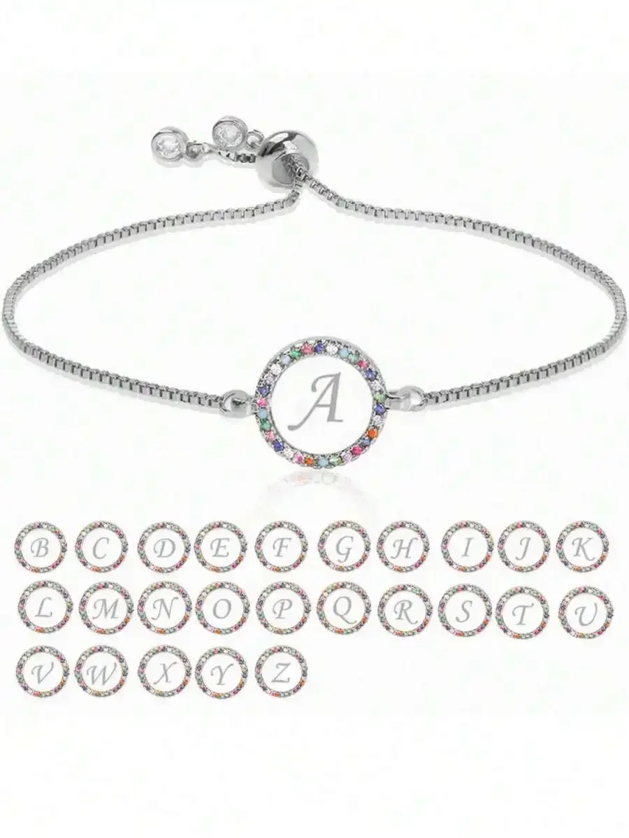 Adjustable Pull Bracelet With Colorful Rhinestone Circle Charm Letter A Fashion Chain Bracelet