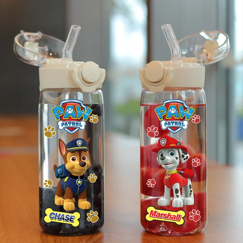 شفاطة شفافة للأطفال باو باترول ، زجاجة ماء بغطاء بوب محمول باليد ، كوب ترفيهي خارجي للكبار مضاد للسقوط والسفر