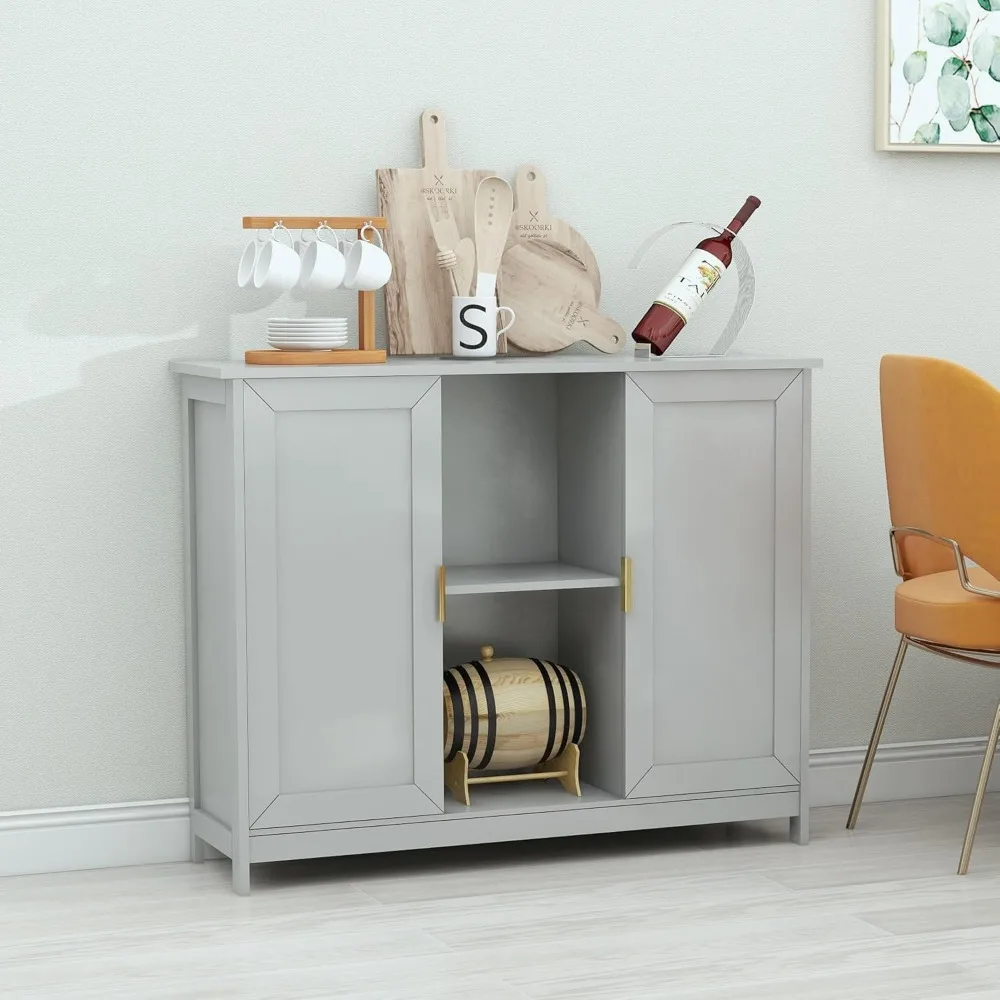 

Grey Kitchen Pantry, Modern Wooden Small Credenza Sideboard Coffee Station, Storage Small Cabinet with Doors and Shelves for Ki