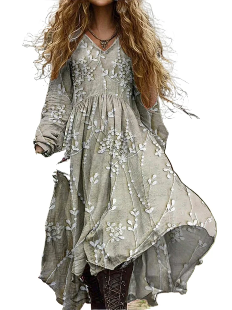 

New Spring And Autumn Vintage Printed Dress Fashion V-neck Long Sleeves Elegant Casual Loose Holiday Party Dresses Robe Femme