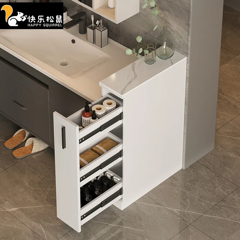 Extremely narrow pull-out cabinet, ultra-thin 25cm half-wall partition, 30 cm on the side of the toilet, solid wood rock slab