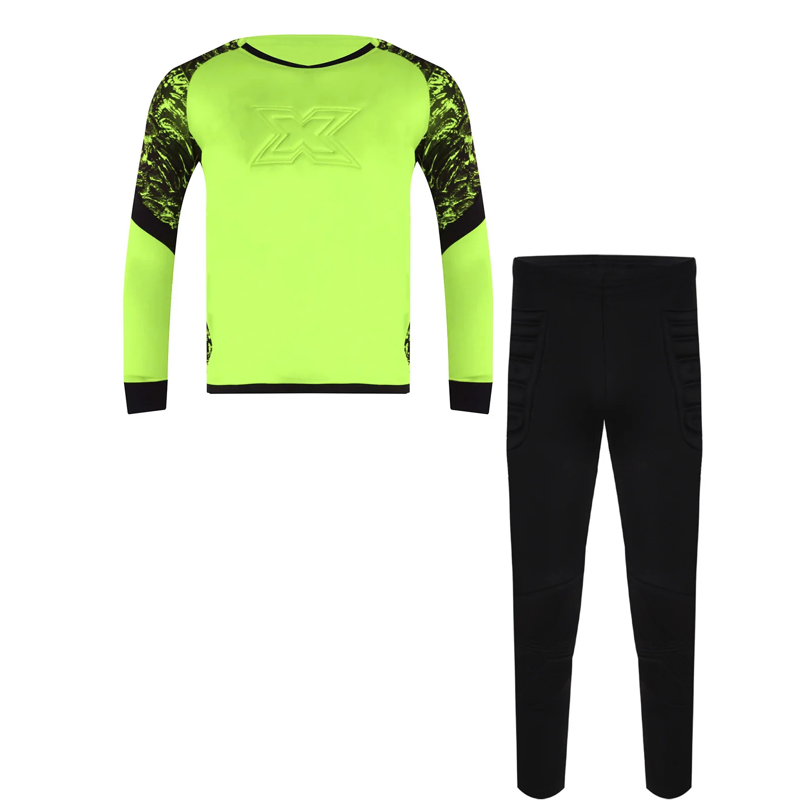 Kids Boys Goalkeeper Training Outfit Football Goalie Protective Padded Sports Set Long Sleeve Printed T-shirt with Pants Suit