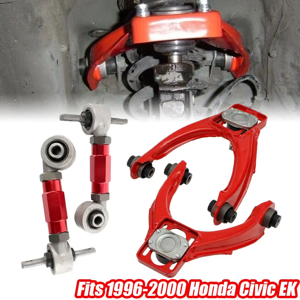 

Комплект регулируемых передних верхних и задних рычагов развала (красный) с шаровым шарниром и поли-втулками — подходит для Honda Civic EK 1996-2000 гг.