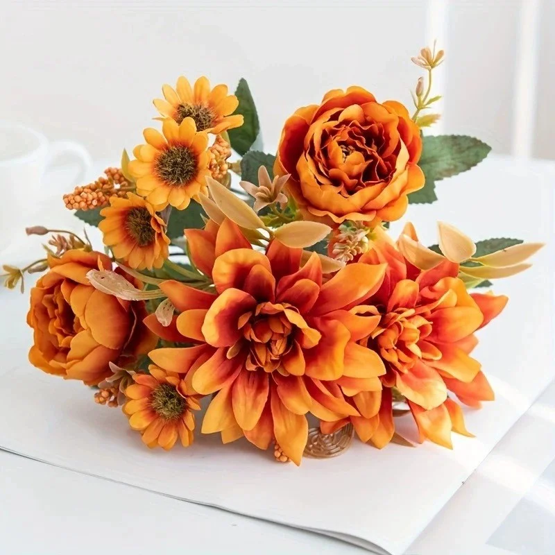 Simulierter Dahlie-Blumenstrauß, für Hochzeitsbögen, Heimdekoration, künstliche Wohnzimmer-Tischdekoration, künstliche Blumen – Detail 6