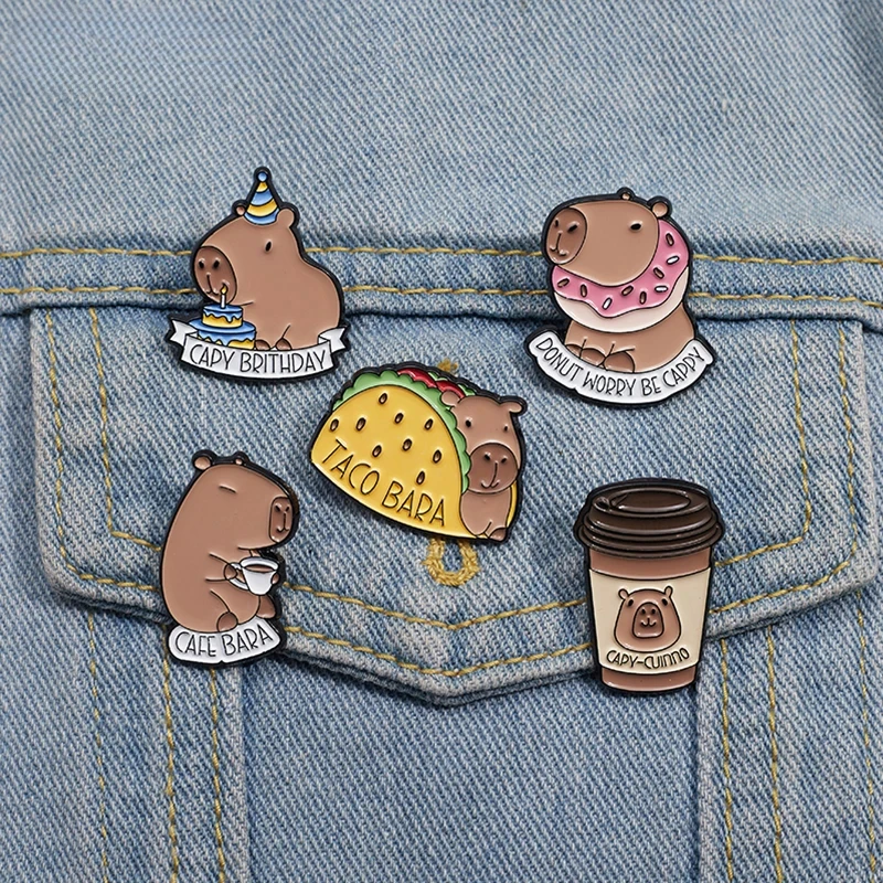 Cute Capybara Enamel Pins Custom DONUT WORRY BE CAPPY Brooches Lapel Badges Cartoon Animal Jewelry Gift for Kids Friends