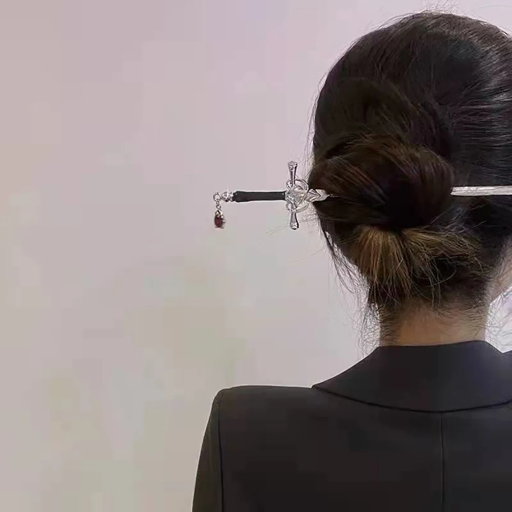 Punk Sword Hairpins Chinese Ruby Hair Stick Vintage Ponytail Pins DIY Hair Accessories for Women Halloween Birthday Gift view 5
