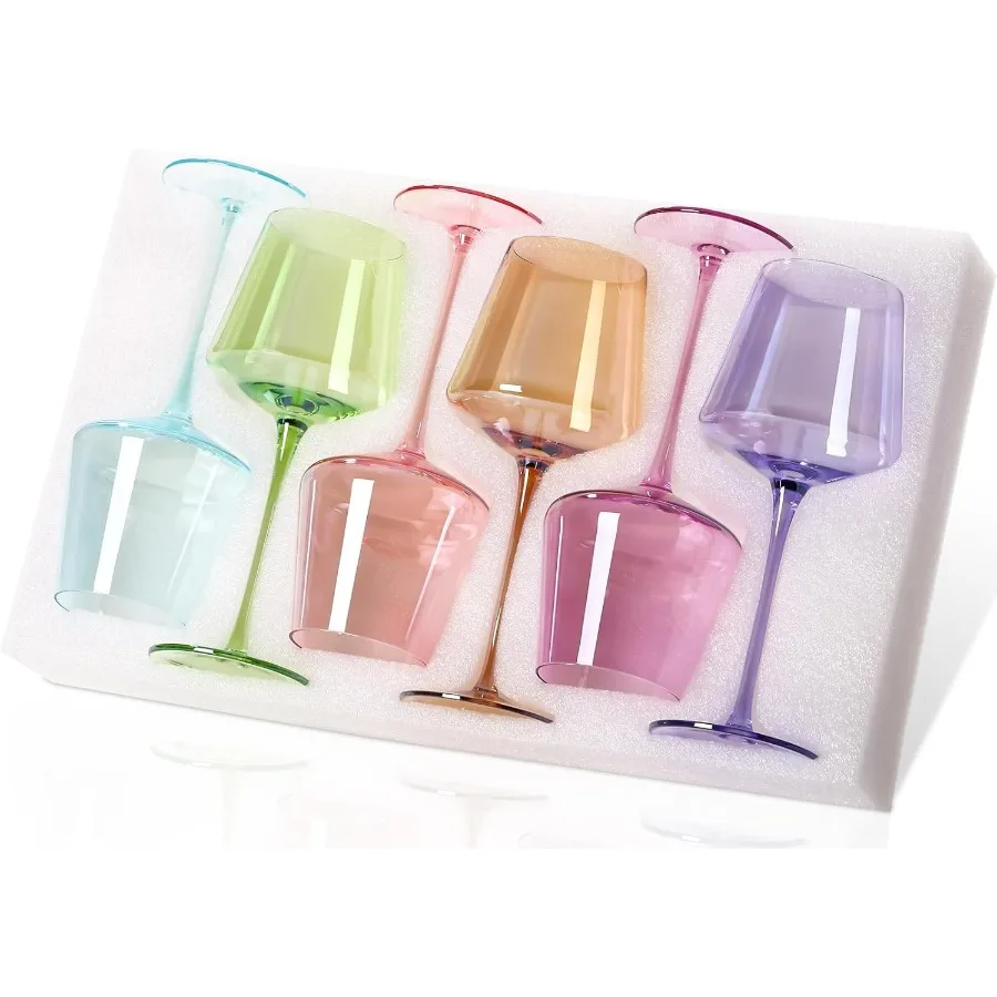Juego de copas de vino de colores, copas de vino coloridas de cristal soplado a mano de 616oz con vaso de vino Multicolor de tallo largo para amantes del vino