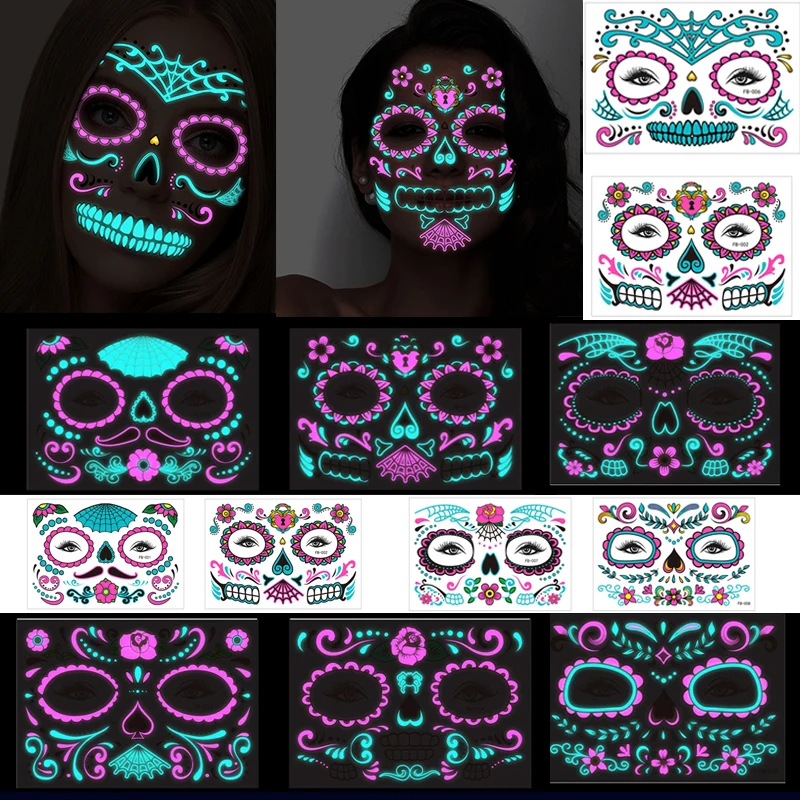 Day of the Dead Halloween  Tattoo Sticker Temporary Skin for Night Bar Party Festival Makeup Tattoo Glow in  Dark Body Sticker