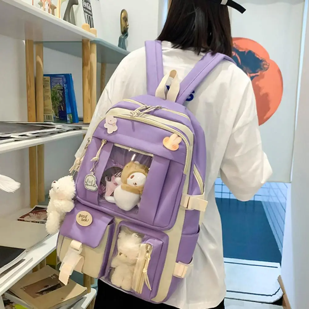 5Pcs/Set Useful Student Backpack Korean Style Large Capacity Female Anti-scratch Multi Pockets Messenger Bag Handbag