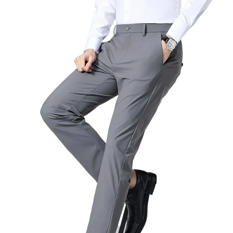 

Лето 202, высокоэластичные мужские костюмные брюки из ледяного шелка DP без железа, гладкие эластичные мужские повседневные брюки против морщин