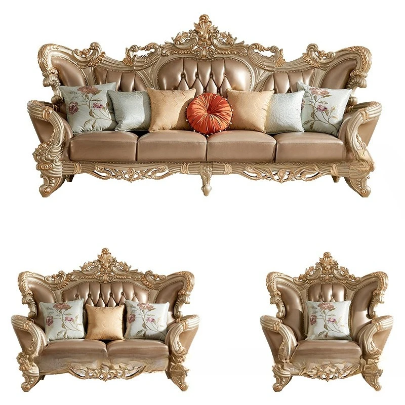 

Solid wood double-sided carved European leather sofa large apartment living room