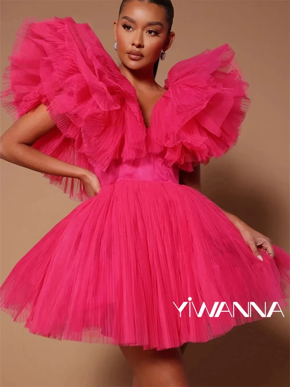 

Puffy Tulle Above Knee Cocktail Gown Sexy V-neck Short Party Gown 2025 Fashionable Fuchsia Birthday Event Dress For Women