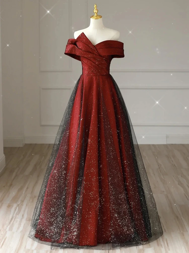 Elegante vestido de casamento vermelho feminino, Off-Ombro, Francês, Noivado, Casual, Novo, 2024