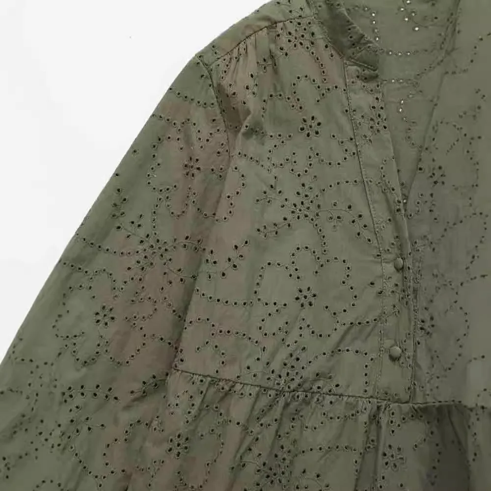 Vestido curto de manga comprida com decote em v feminino, mini vestidos emendados em camadas, bordado oco, verão, novo, 2024