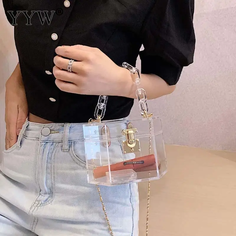 Fashion Fluorescent Clear Square Acrylic Top Women Clutch Handbag Box Designer Brand Metal Chain Crossbody Shoulder Satchels Bag