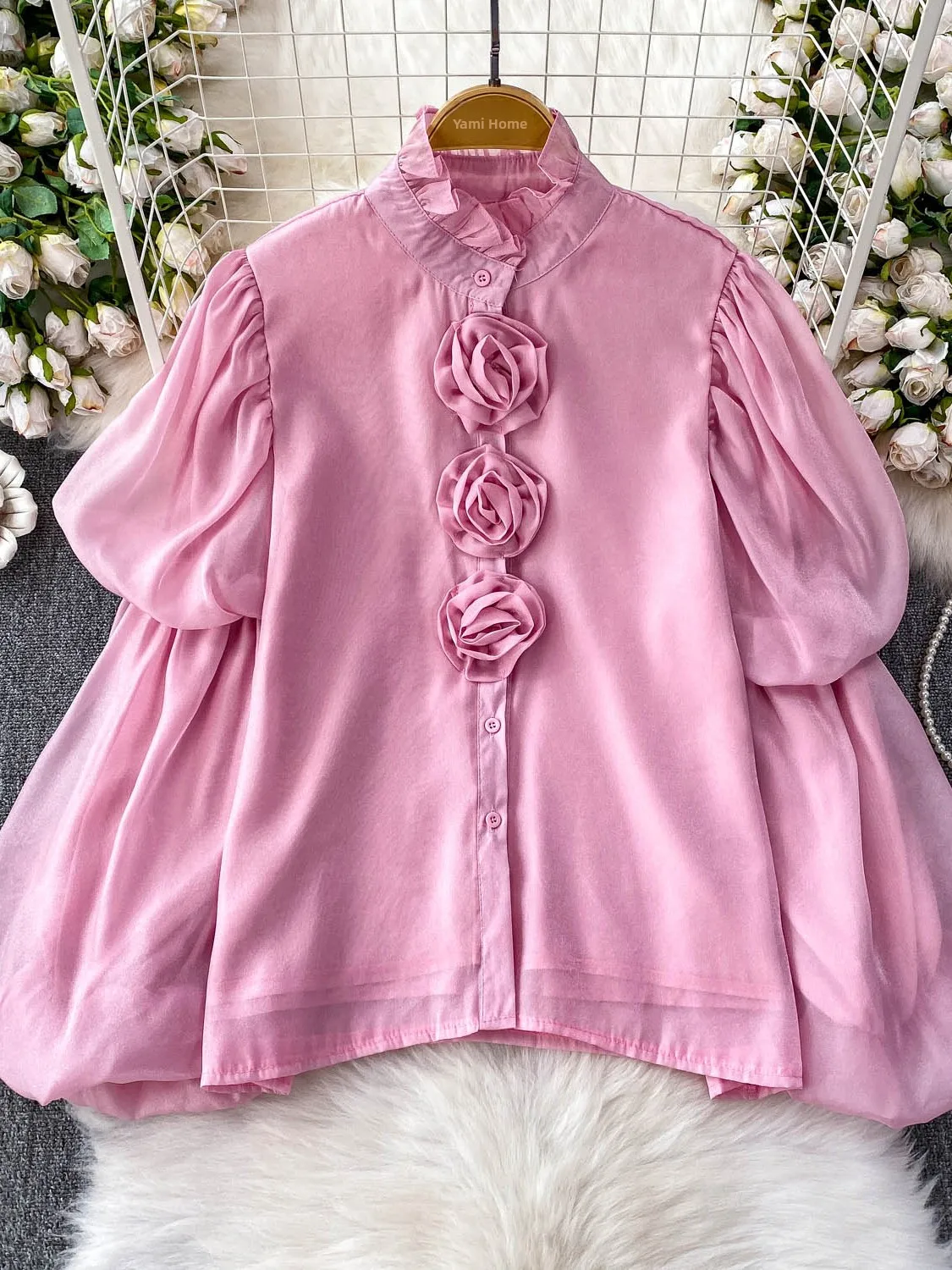 Colletto alla coreana da donna irt Bottone singolo Design ampio Lanterna Sve Top Summer Faionable Camicetta coreana Sle Bubble Sve