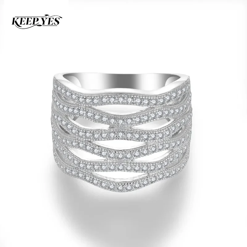 KEEP YES Total 0.85ct Full Moissanite Diamond Ring for Men Women Hollow 925 Sterling Silver Hip Hop Style Fine Wedding Jewelry