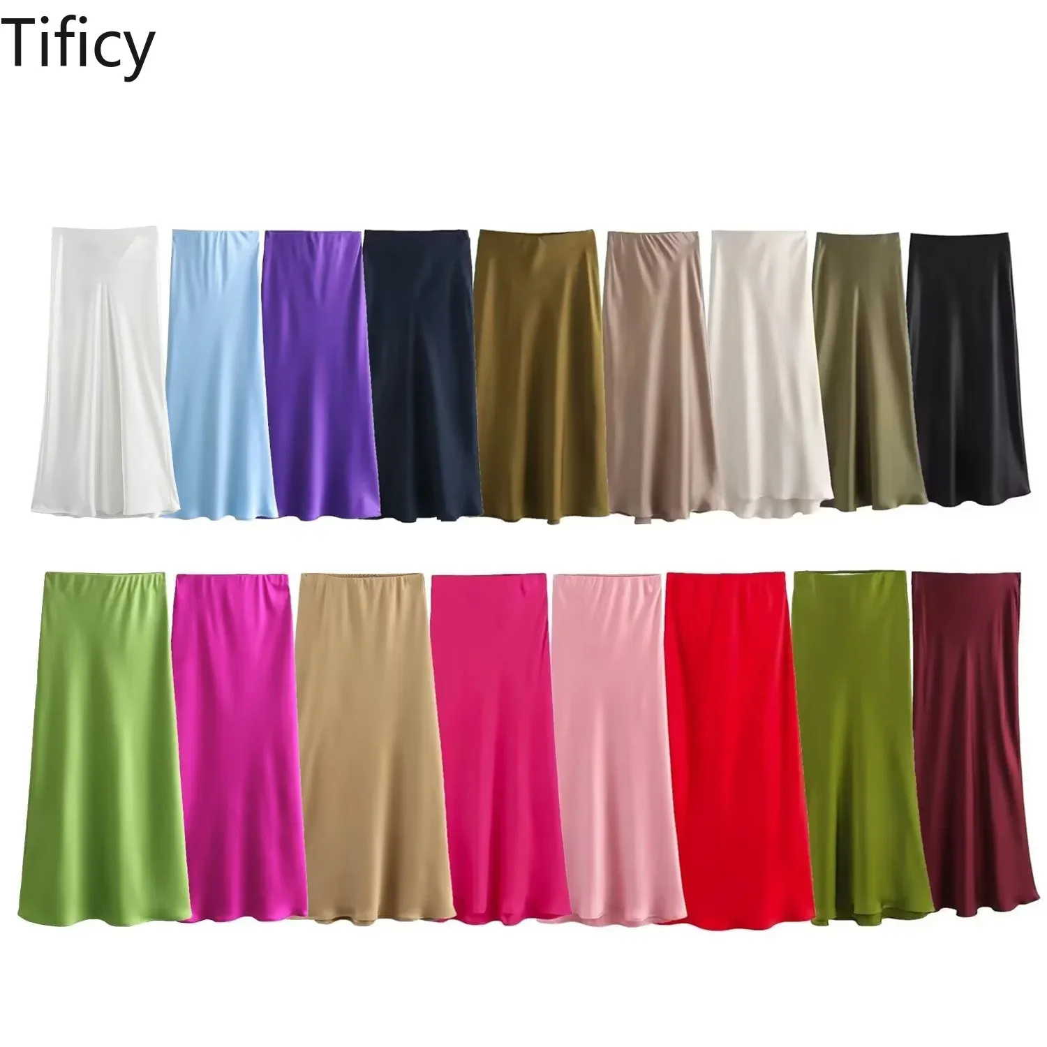 TIFICY Gonna lunga da donna vintage a vita alta con trama in raso alla moda francese delle nuove donne estive