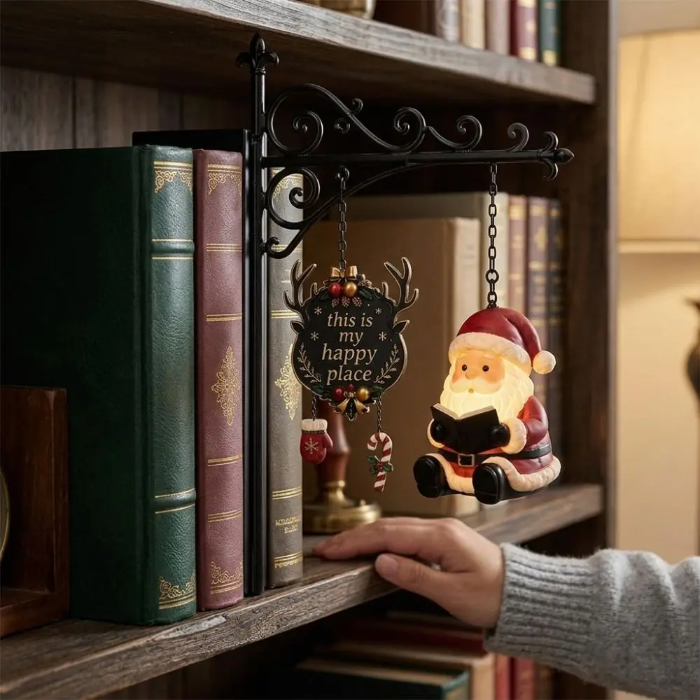 Santa Claus Christmas Bookshelf Lamp Snowman Elk Metal Lamp LED Library Lantern Warm Glow Iron Art Book Nook Lamp Christmas