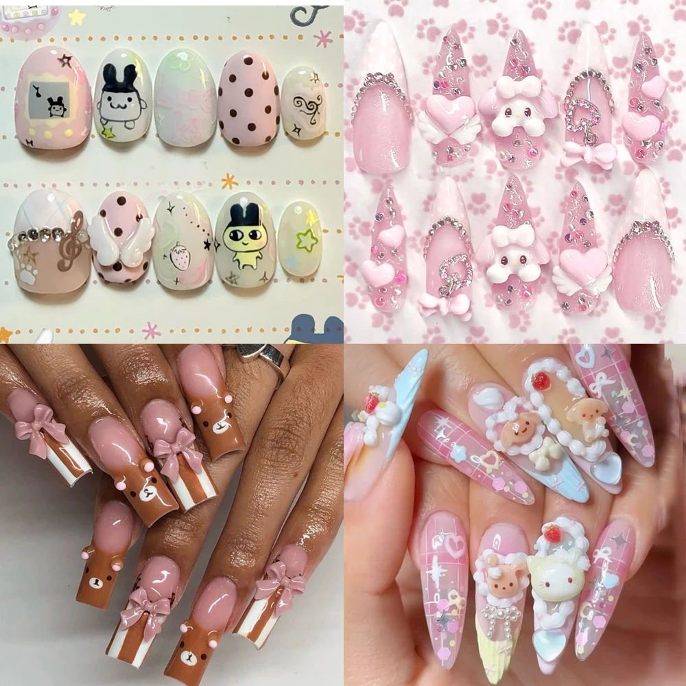 

Kawaii Sanrio My Melody Rilakkuma Handmade Press On Nails 3D Flower Bowknot Cream Monkey Lace Reusable False Nails Friend Gifts