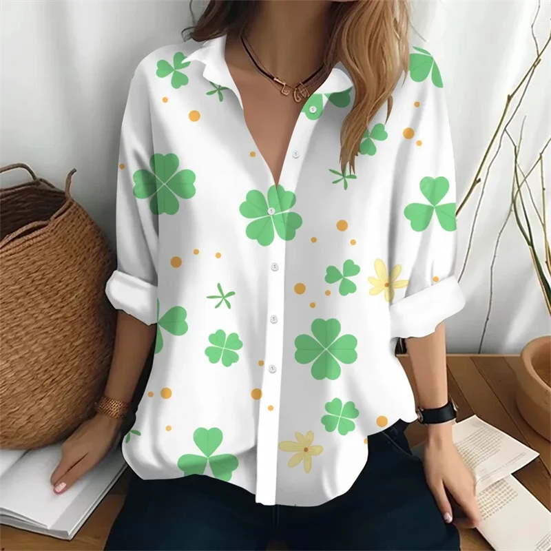 2024 New Women\'s Shirt Long Sleeve Flower Printed Collar Pocket Daily Beach Vacation Comfortable Top