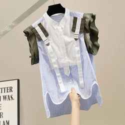 Korean New Ruffle Contrasting Color Patchwork Front Short and Back Long Sleeveless Striped Shirt Fashion Elegant Top