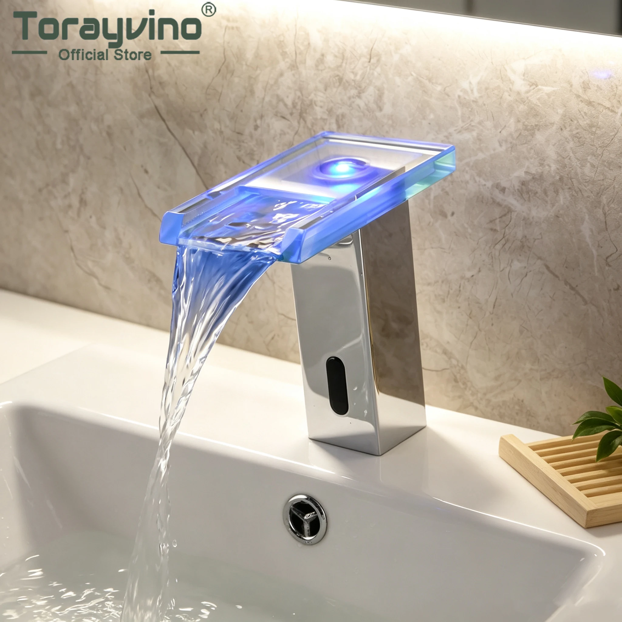 Torayvino Bathroom LED Light Induction  Faucet Brass Solid Automatic Basin Sensor Faucets Waterfall Spout Sink Mixer Water Tap