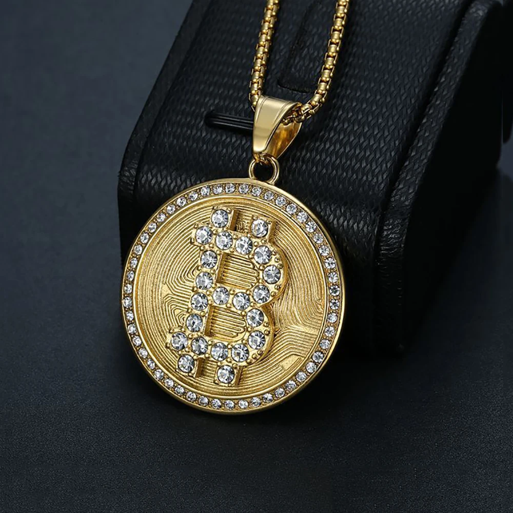 Fashion Stainless Steel Bitcoin Round Pendant Necklaces For Men Women Hip Hop Rock Bling Iced Out Cubic Zirconia Trendy Jewelry