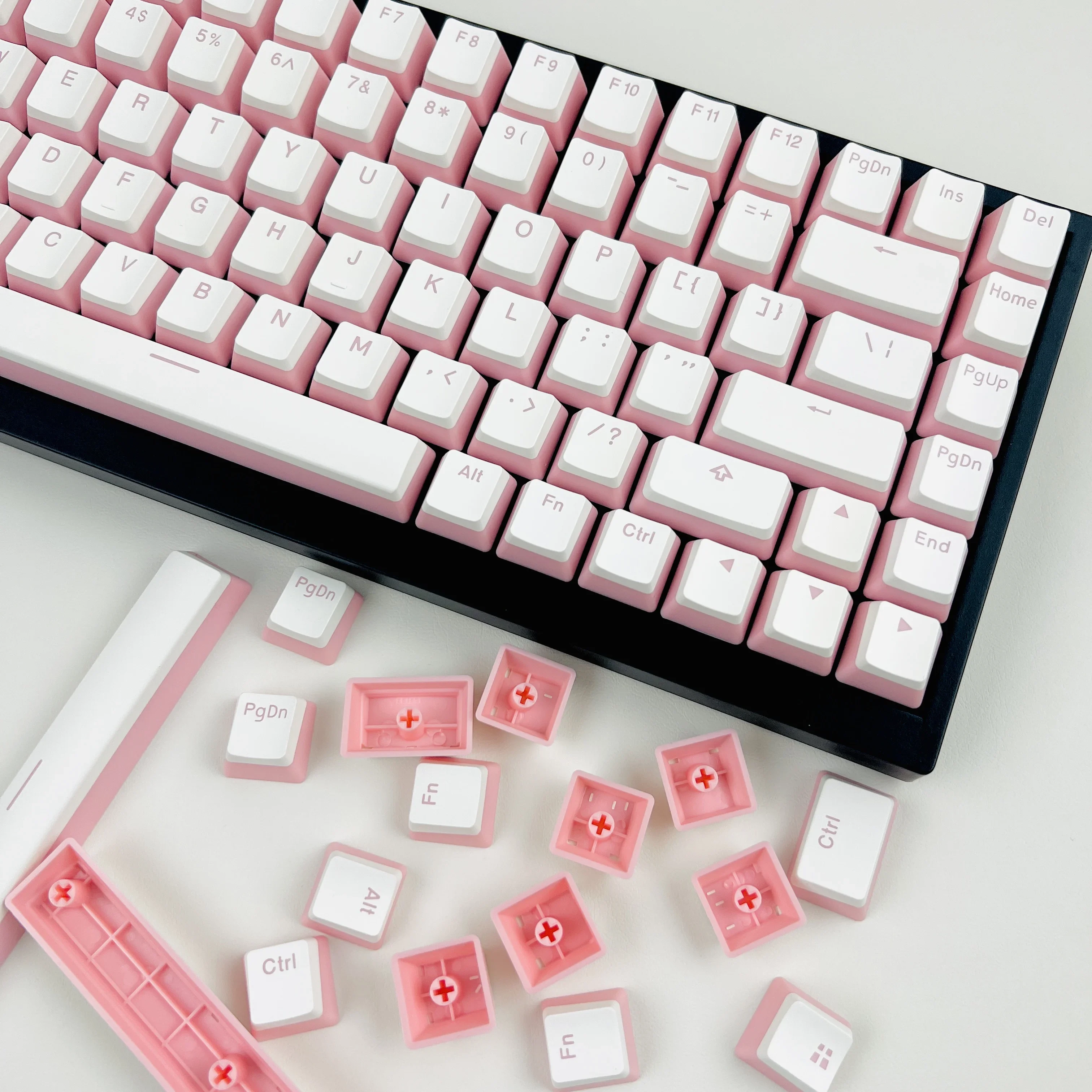 

PBT double leather milk pudding keycap OEM145 key full set with additional opaque cherry blossom pink white new Yingying