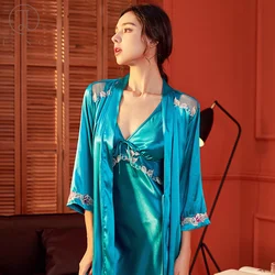 Ling Women's SlipDress Pajama With Bra Pad Solid Plus Size Embroidery Sexy Silk Sleepwear Dresse Sleepwear Robe 2 Pcs Robe Gowns