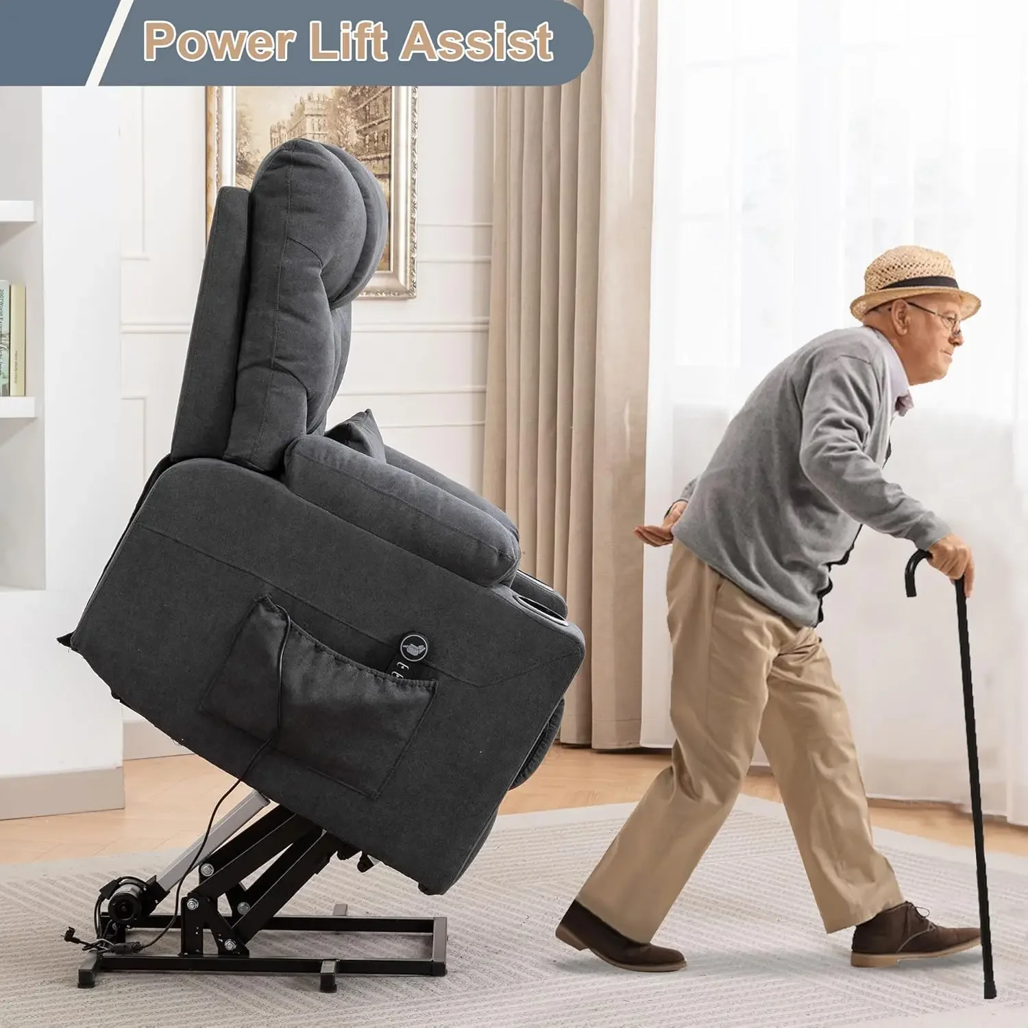 Silla elevadora reclinable para ancianos, sillón con vibración calentada, tela de tela, reclinable eléctrico con bolsillos laterales