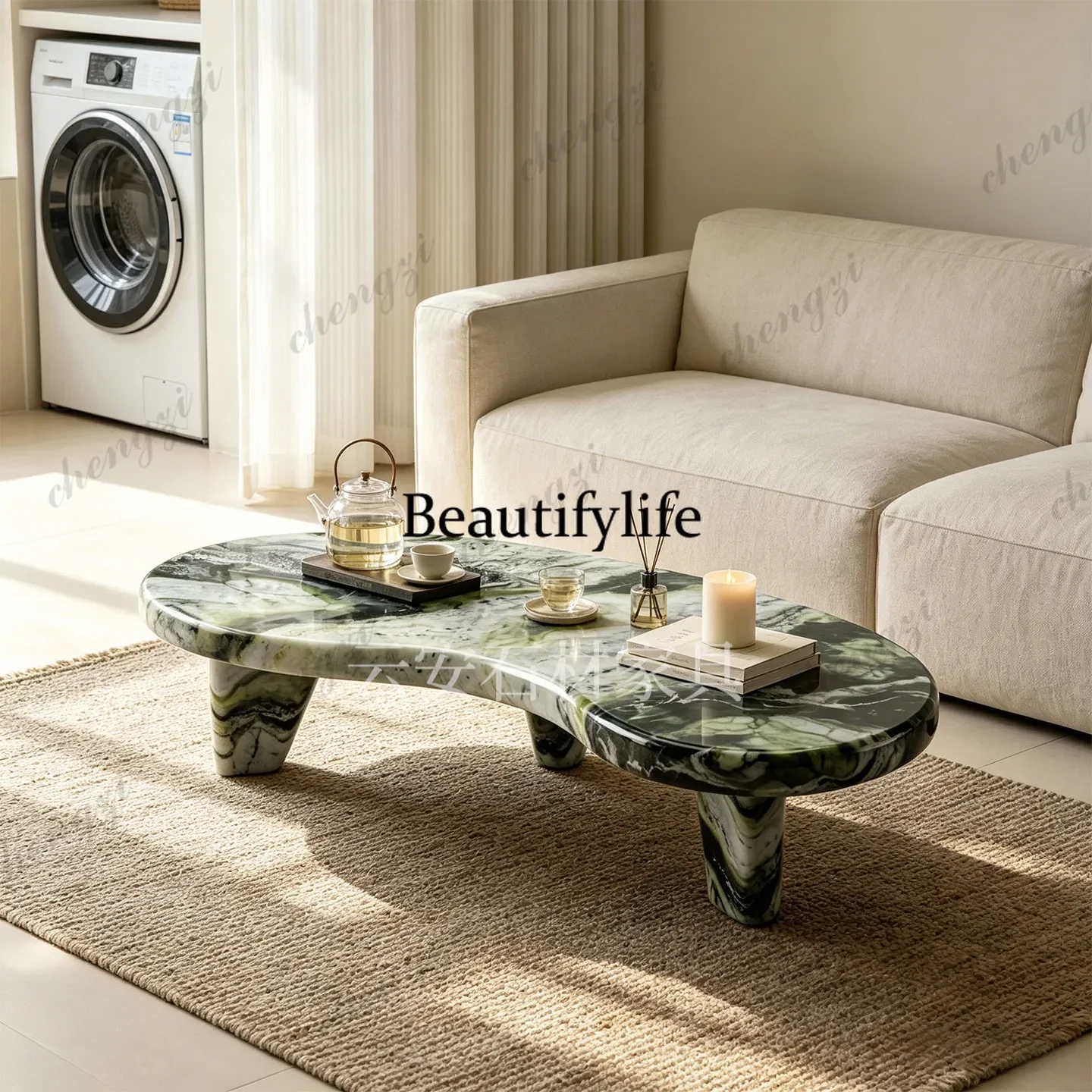 Nordic light luxury high-grade natural green marble special-shaped coffee table living room sofa, creative coffee table b567