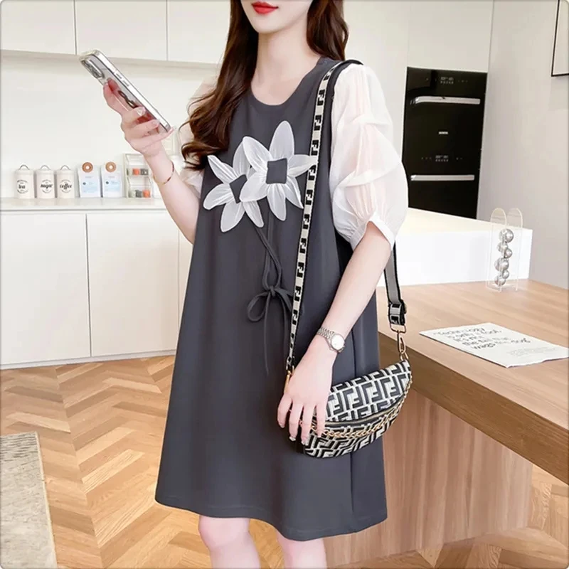 夏の新 2025 ドレス女性ファッションミディアムからロングステッチコットン半袖 Tシャツ韓国カジュアルルーズトップ女性。