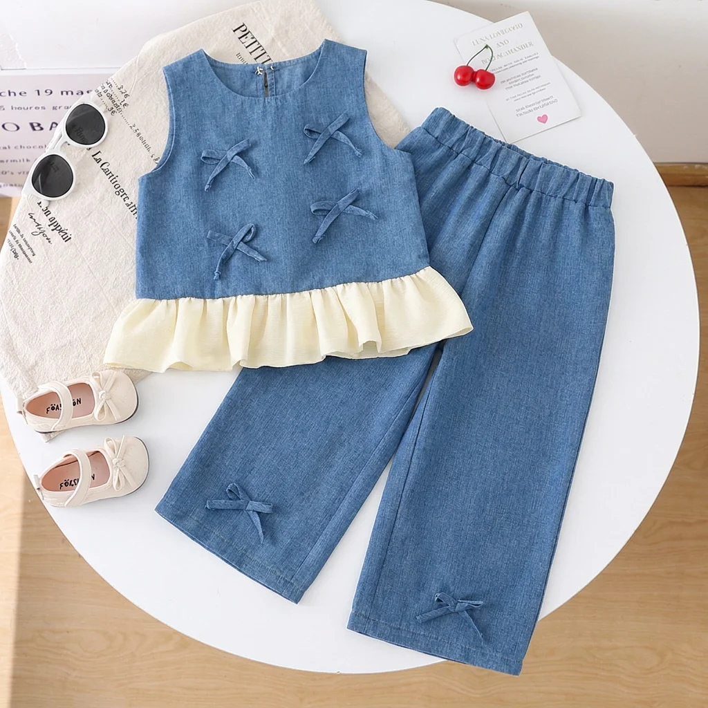 Korean Version Blue Imitation Denim Fabric Bow Patchwork Vest+wide Leg Pants Two-piece Set  Summer