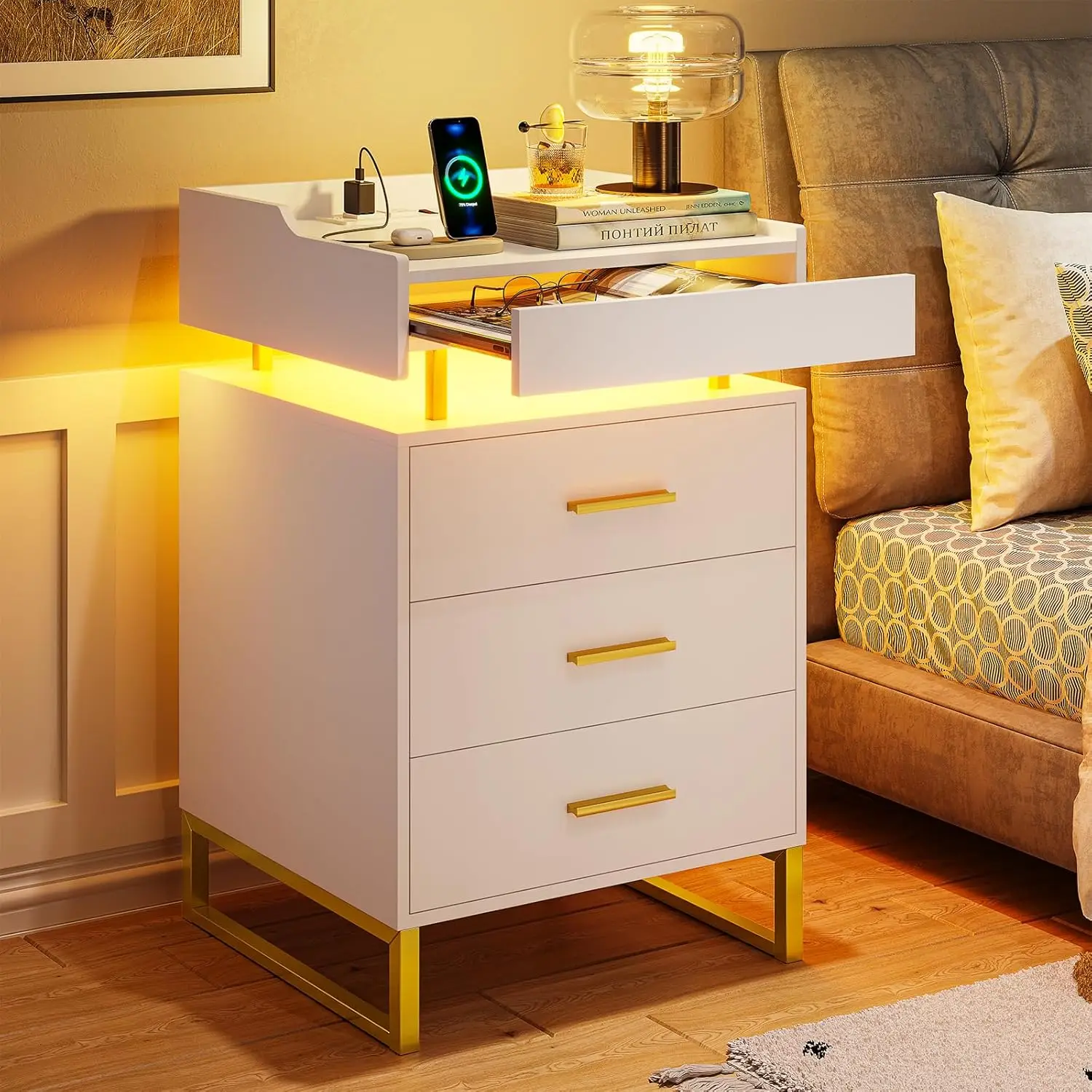 Nightstand with Charging Station, Large Night Stand with 3 Drawers and 1 Pull-Out Tray,  LED Lights, End Side Table with Storage