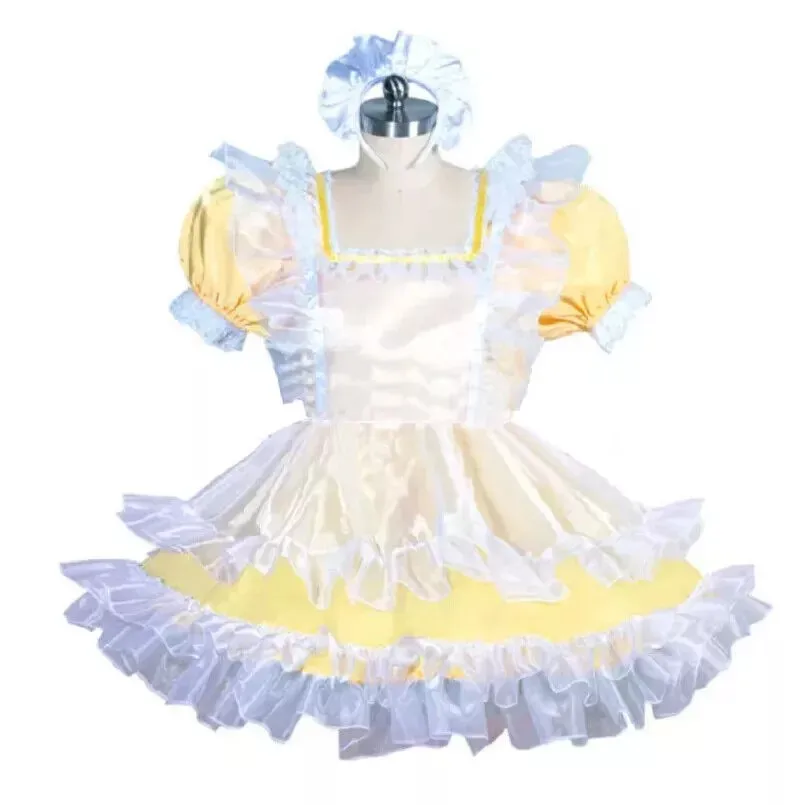 

Sissy Lockable Yellow Satin Dress Girl Maid Cosplay Customized Christmas Carnival costumes