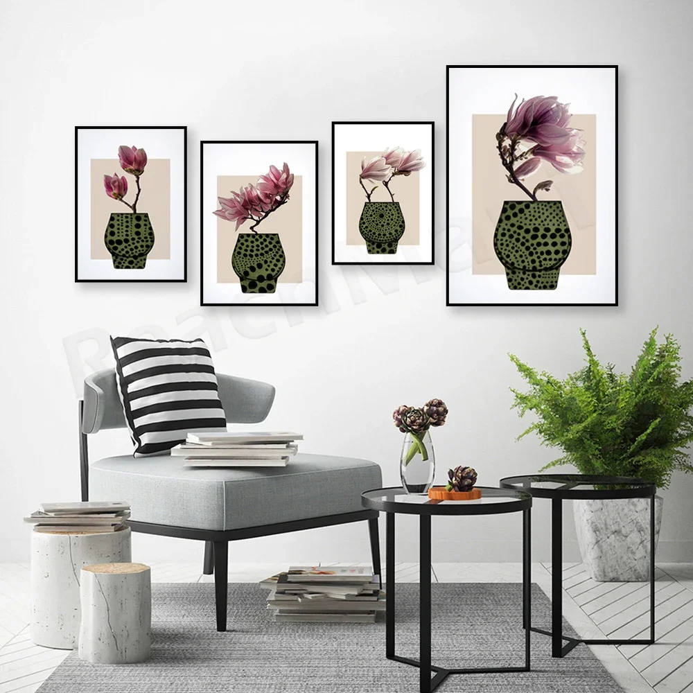 Bohemian style magnolia wall decoration, abstract plant print, floral poster, vase theme, frameless home decor.