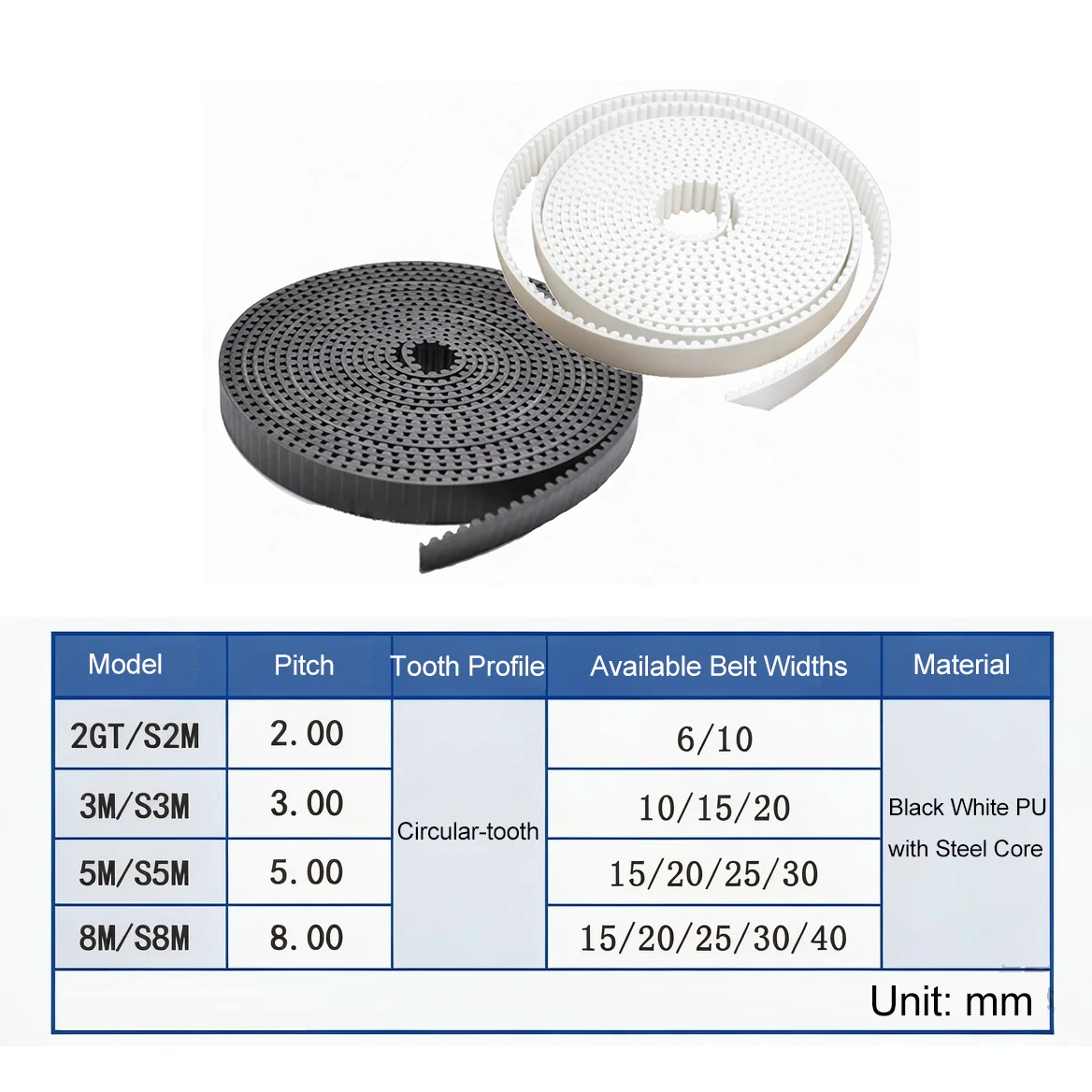 GT2/S2M/3M/S3M/5M/S5M/8M/S8M Black White PU with Steel Core Open Timing Belt Width 10/15/20/25/30/40mm for 3D Printer