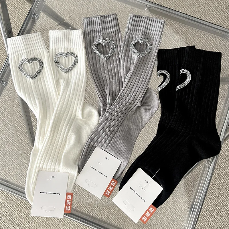 3Pairs of Luxury Decorative Hot Diamond Hollow Love Spring and Summer Thin Women's Cotton Socks